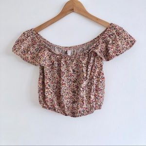 Rose Floral Pattern Button Crop Top Blouse-xs